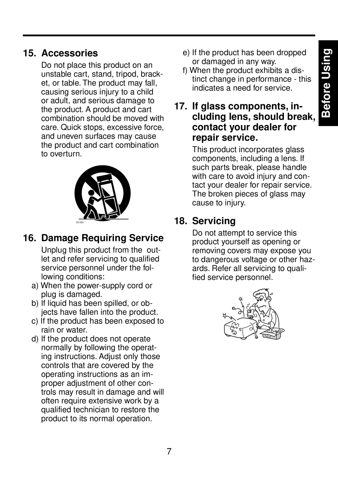 Toshiba TDP-FF1A manual Accessories, Damage Requiring Service, Servicing 