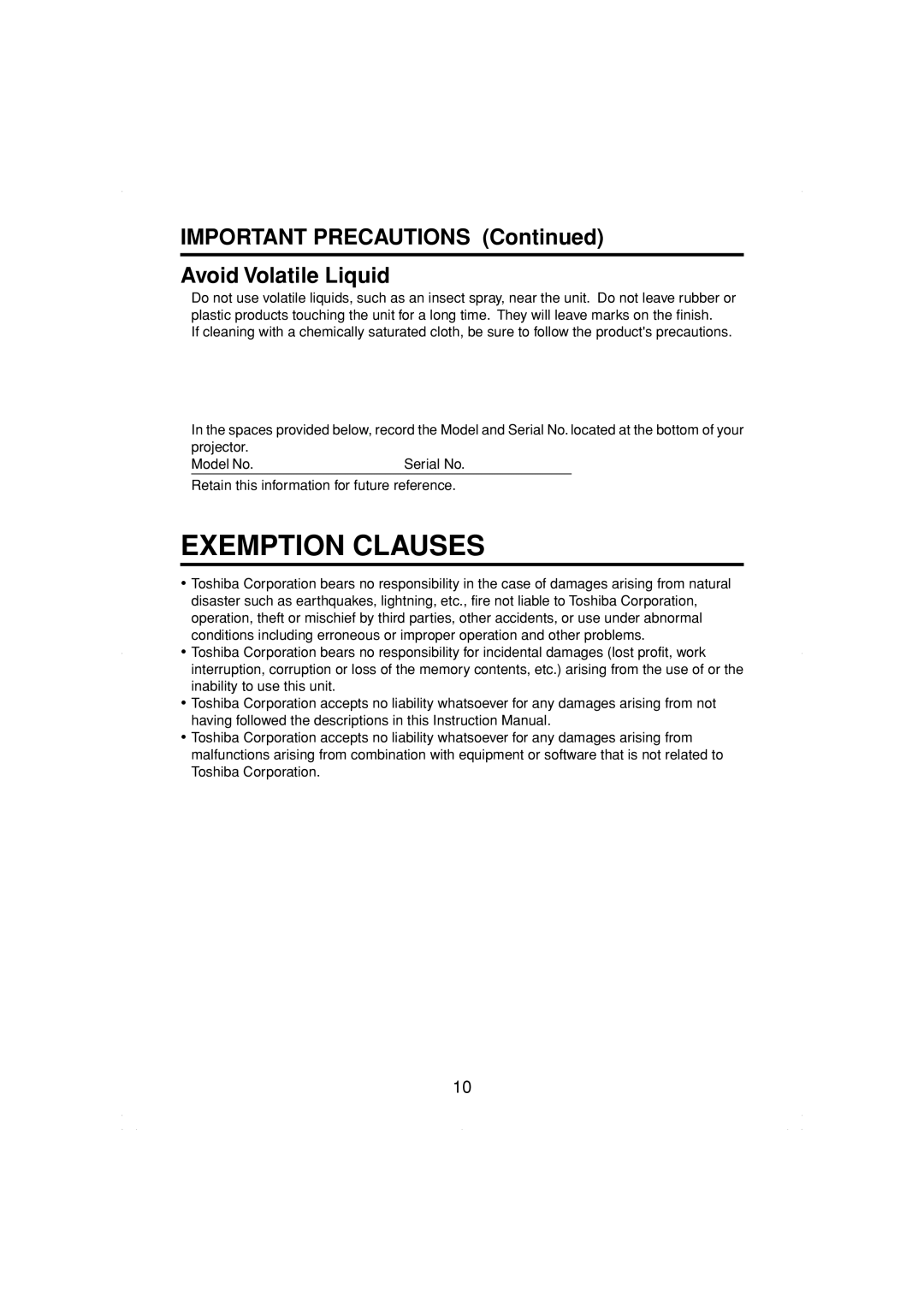 Toshiba TDP-MT200 owner manual Exemption Clauses, Important Precautions Avoid Volatile Liquid 