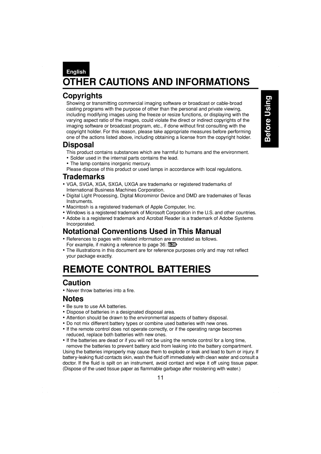 Toshiba TDP-MT200 owner manual Other Cautions and Informations, Remote Control Batteries 