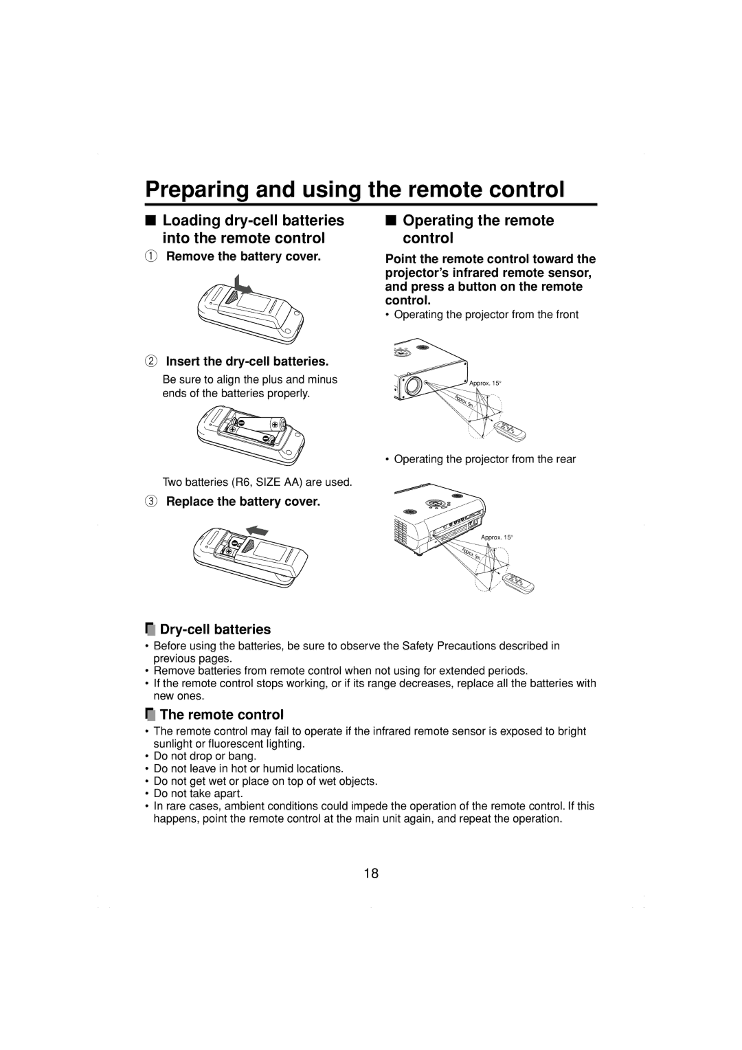 Toshiba TDP-MT200 owner manual Preparing and using the remote control, Loading dry-cell batteries into the remote control 