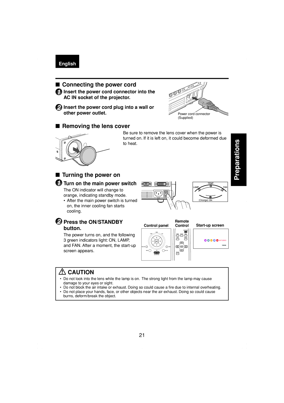 Toshiba TDP-MT200 owner manual Connecting the power cord, Removing the lens cover, Turning the power on 