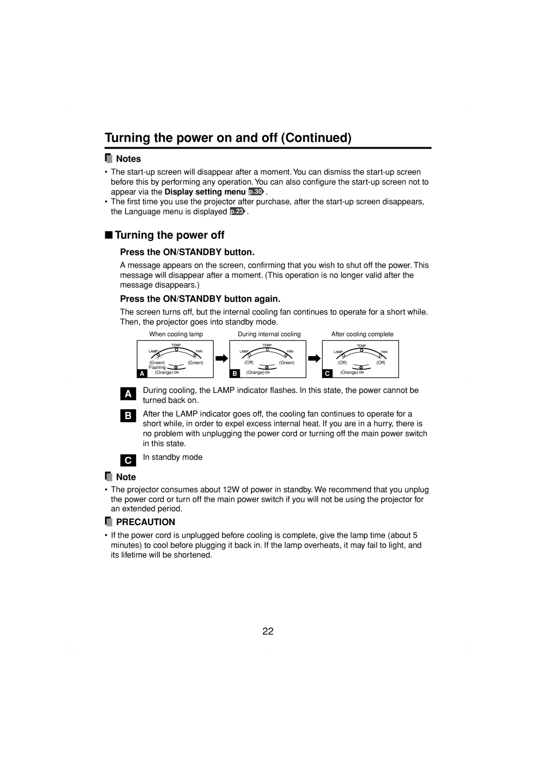 Toshiba TDP-MT200 owner manual Turning the power on and off, Turning the power off, Press the ON/STANDBY button 