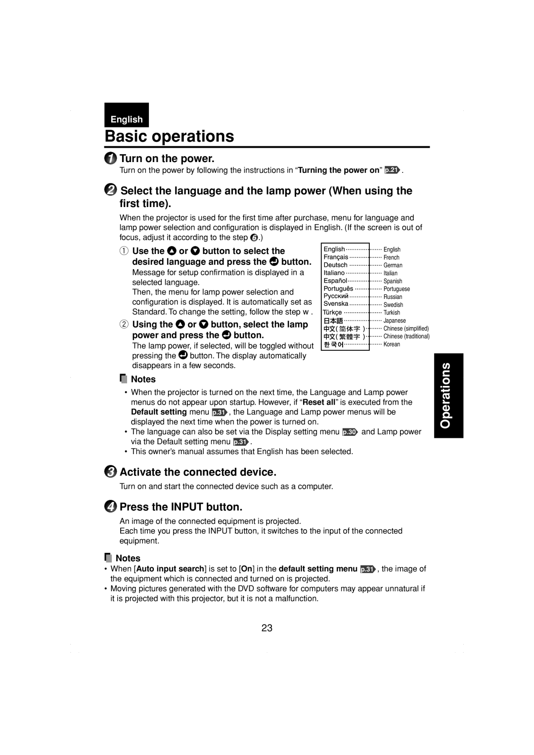 Toshiba TDP-MT200 owner manual Basic operations, Turn on the power, Activate the connected device, Press the Input button 