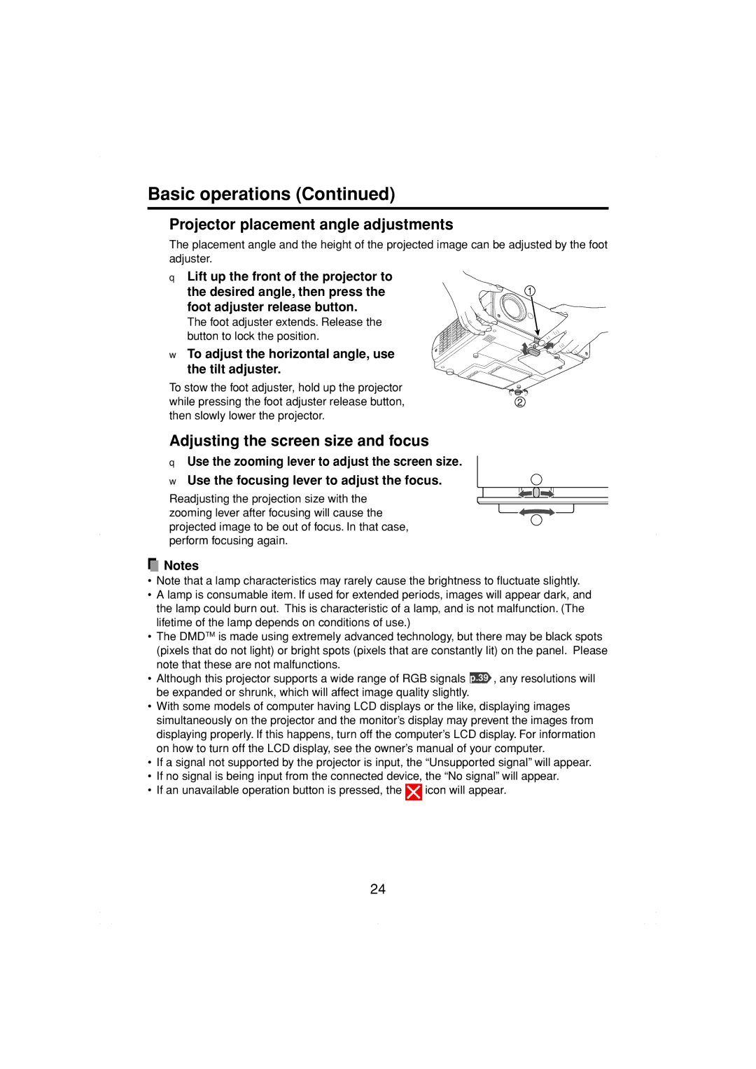 Toshiba TDP-MT200 owner manual Basic operations, Projector placement angle adjustments, Adjusting the screen size and focus 