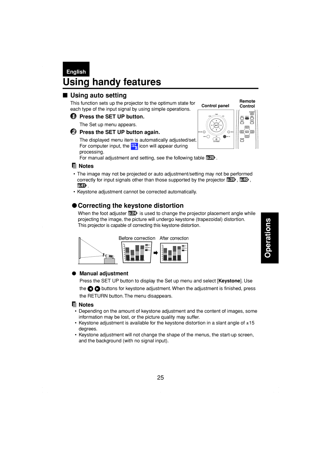 Toshiba TDP-MT200 owner manual Using handy features, Using auto setting, Correcting the keystone distortion 