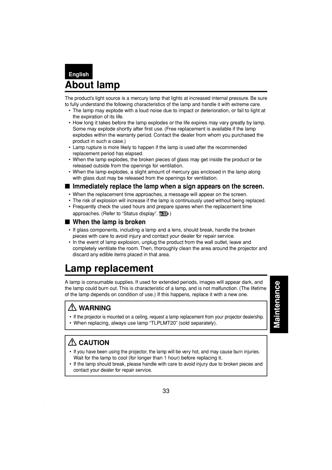 Toshiba TDP-MT200 owner manual About lamp, Lamp replacement, When the lamp is broken 