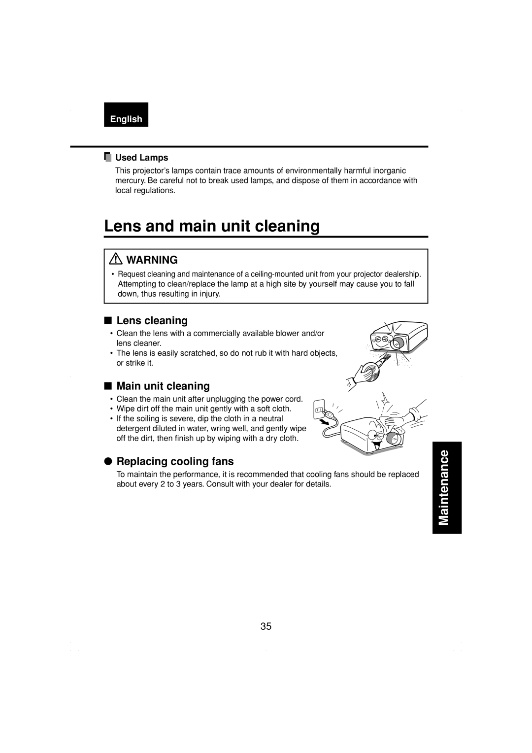 Toshiba TDP-MT200 Lens and main unit cleaning, Lens cleaning, Main unit cleaning, Replacing cooling fans, Used Lamps 