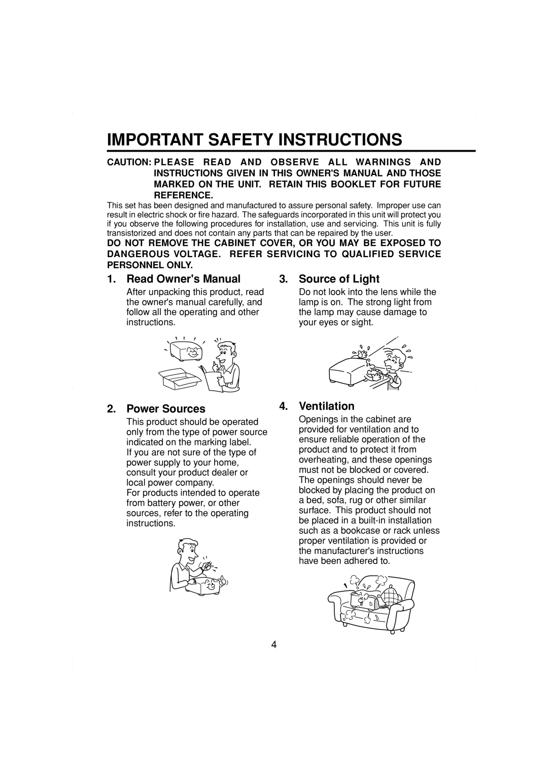 Toshiba TDP-MT200 owner manual Important Safety Instructions, Source of Light, Power Sources, Ventilation 