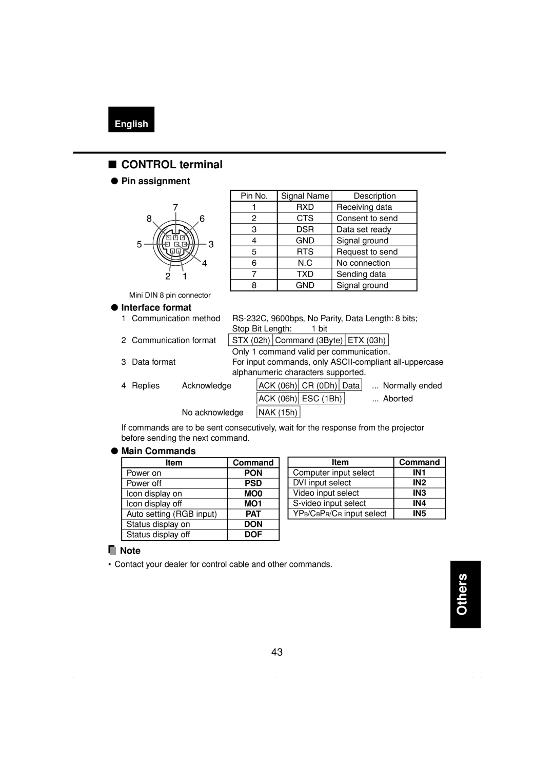 Toshiba TDP-MT200 owner manual Control terminal, Pin assignment, Interface format, Main Commands 