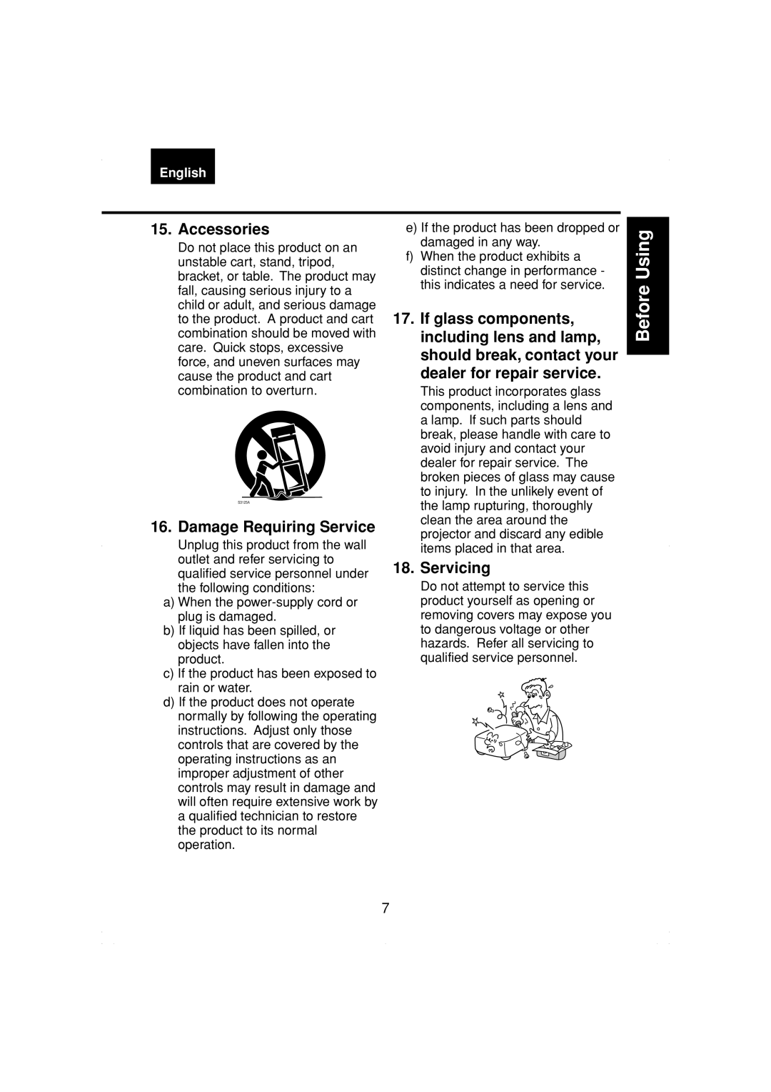 Toshiba TDP-MT200 owner manual Accessories, Damage Requiring Service, Servicing 