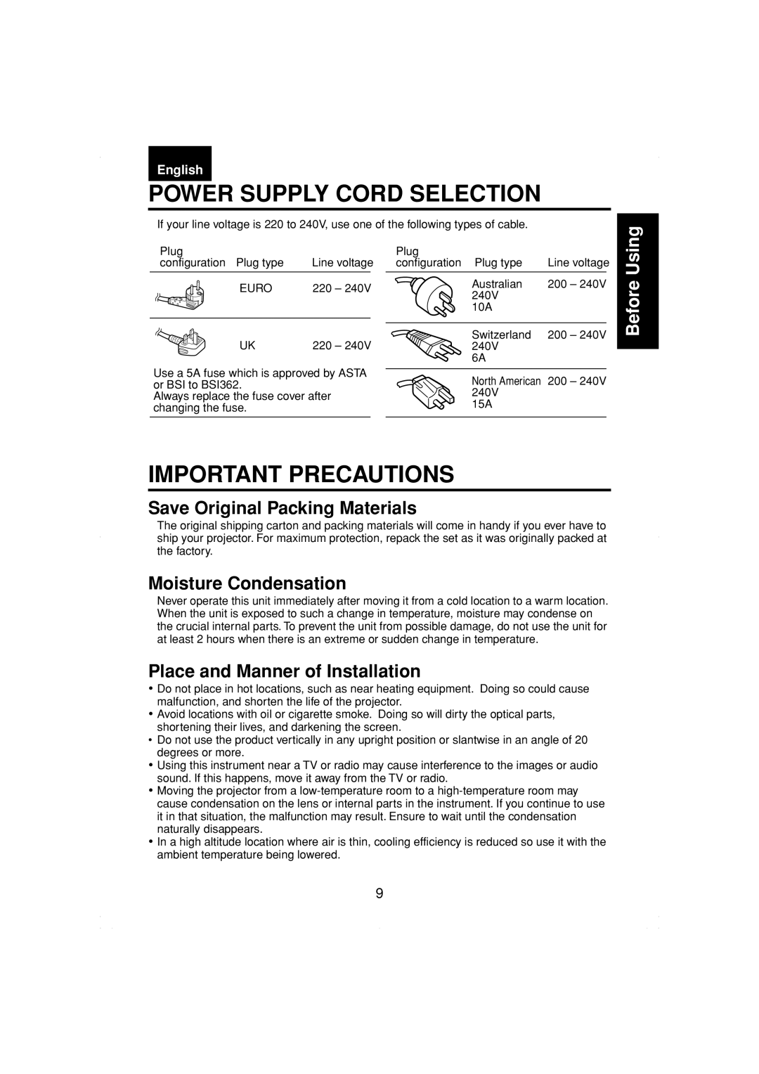 Toshiba TDP-MT200 owner manual Power Supply Cord Selection, Important Precautions, Save Original Packing Materials 