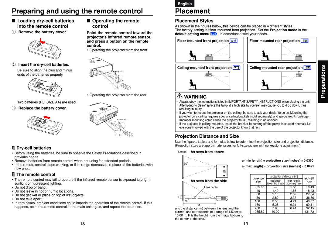 Toshiba TDP-MT400 manual Preparing and using the remote control, Placement 