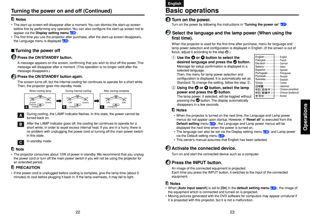 Toshiba TDP-MT400 manual Basic operations, Turning the power on and off 