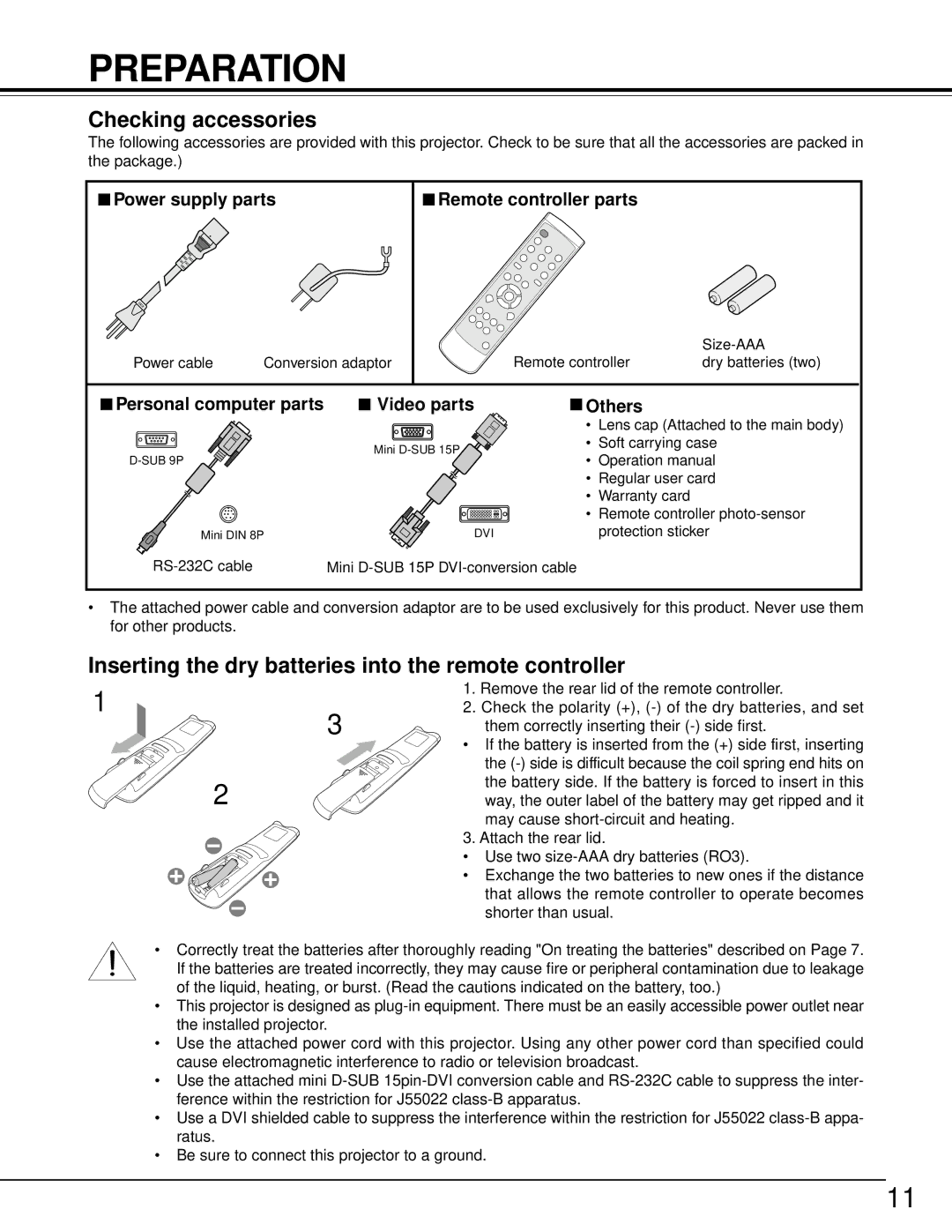 Toshiba TDP-MT500 owner manual Preparation, Checking accessories, Inserting the dry batteries into the remote controller 