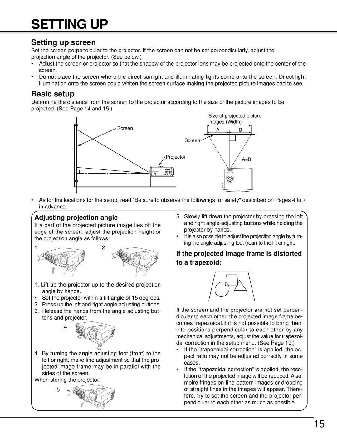 Toshiba TDP-MT500 owner manual Setting UP, Setting up screen, Basic setup, Adjusting projection angle 