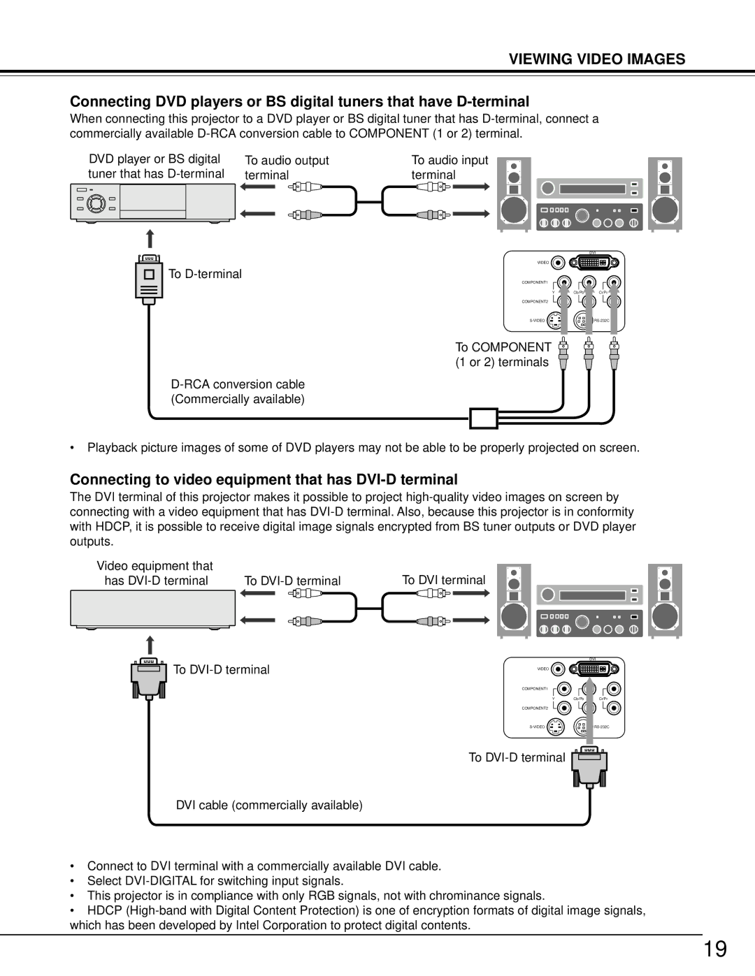 Toshiba TDP-MT500 owner manual Viewing Video Images, Connecting to video equipment that has DVI-D terminal 