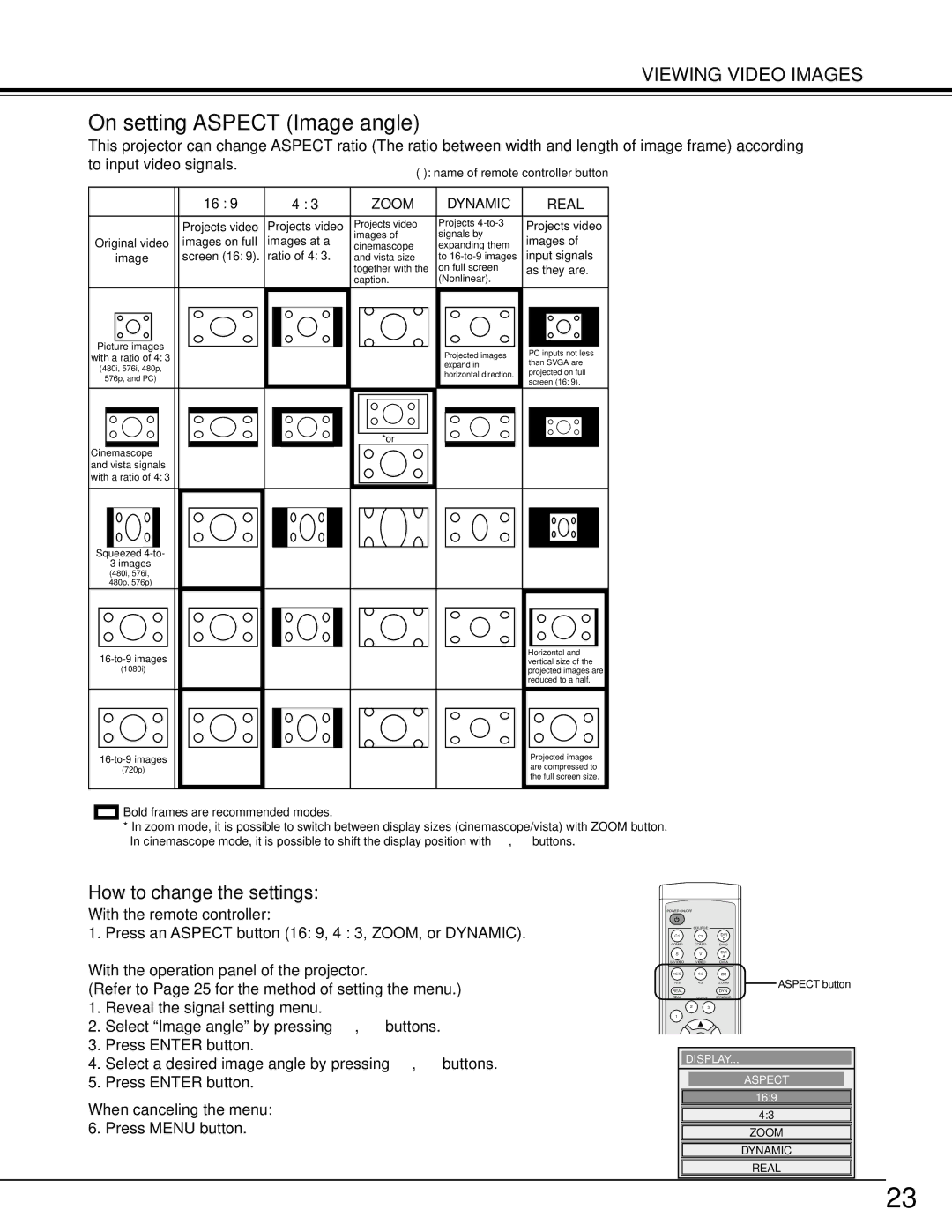 Toshiba TDP-MT500 owner manual On setting Aspect Image angle, How to change the settings 