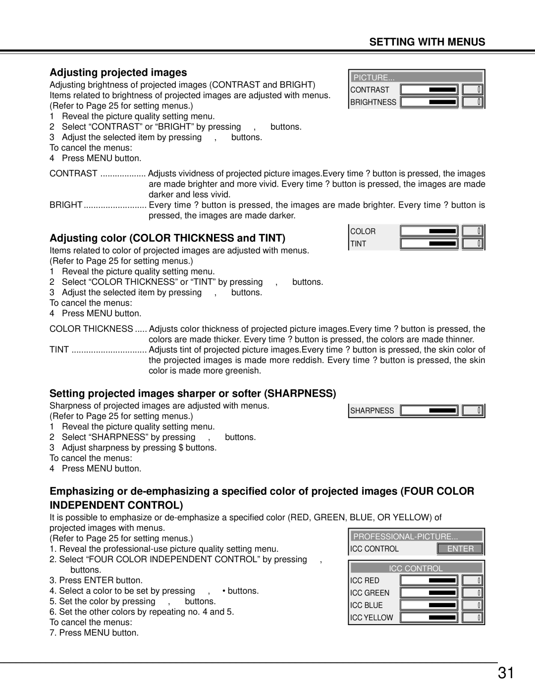 Toshiba TDP-MT500 owner manual Adjusting projected images, Adjusting color Color Thickness and Tint 