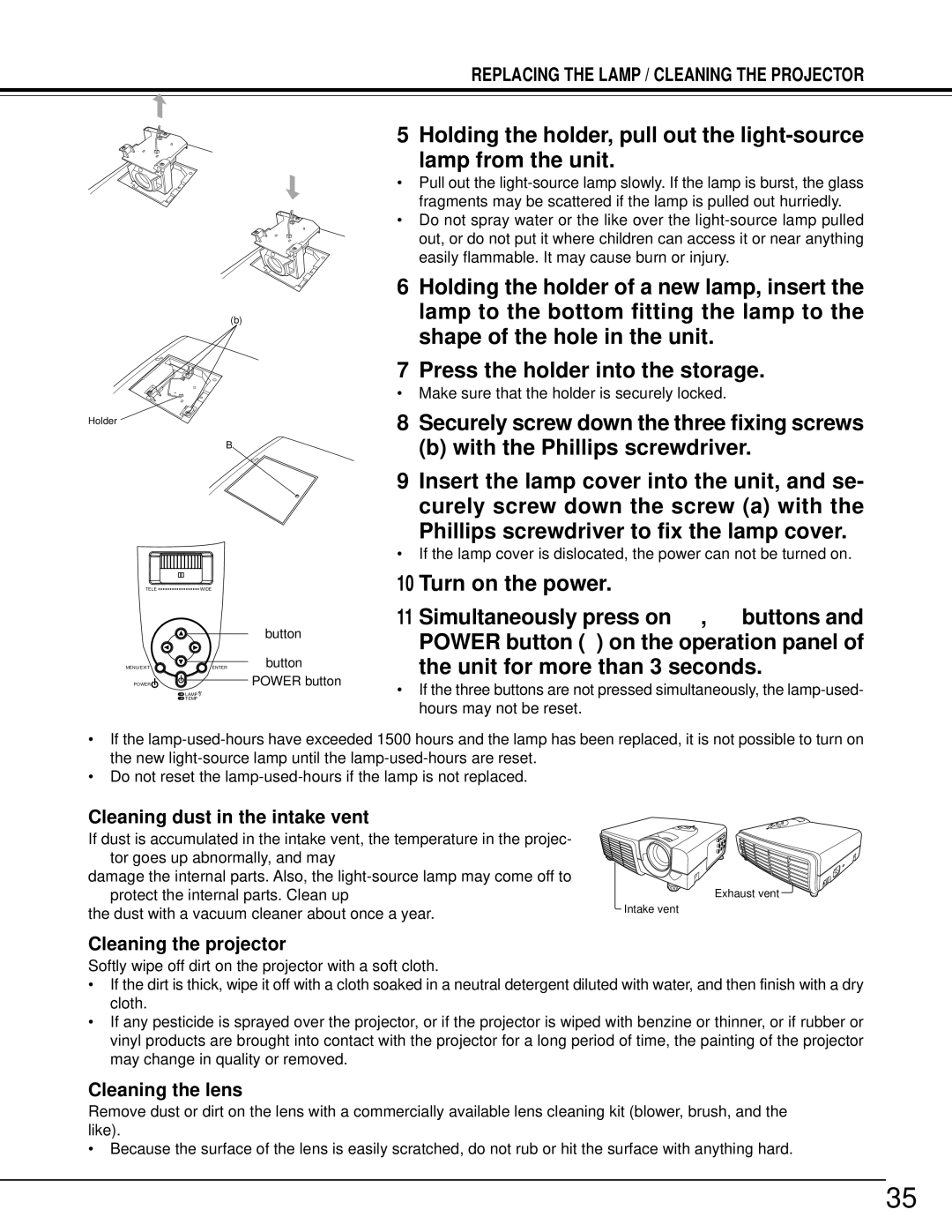 Toshiba TDP-MT500 owner manual Cleaning dust in the intake vent, Cleaning the projector, Cleaning the lens 