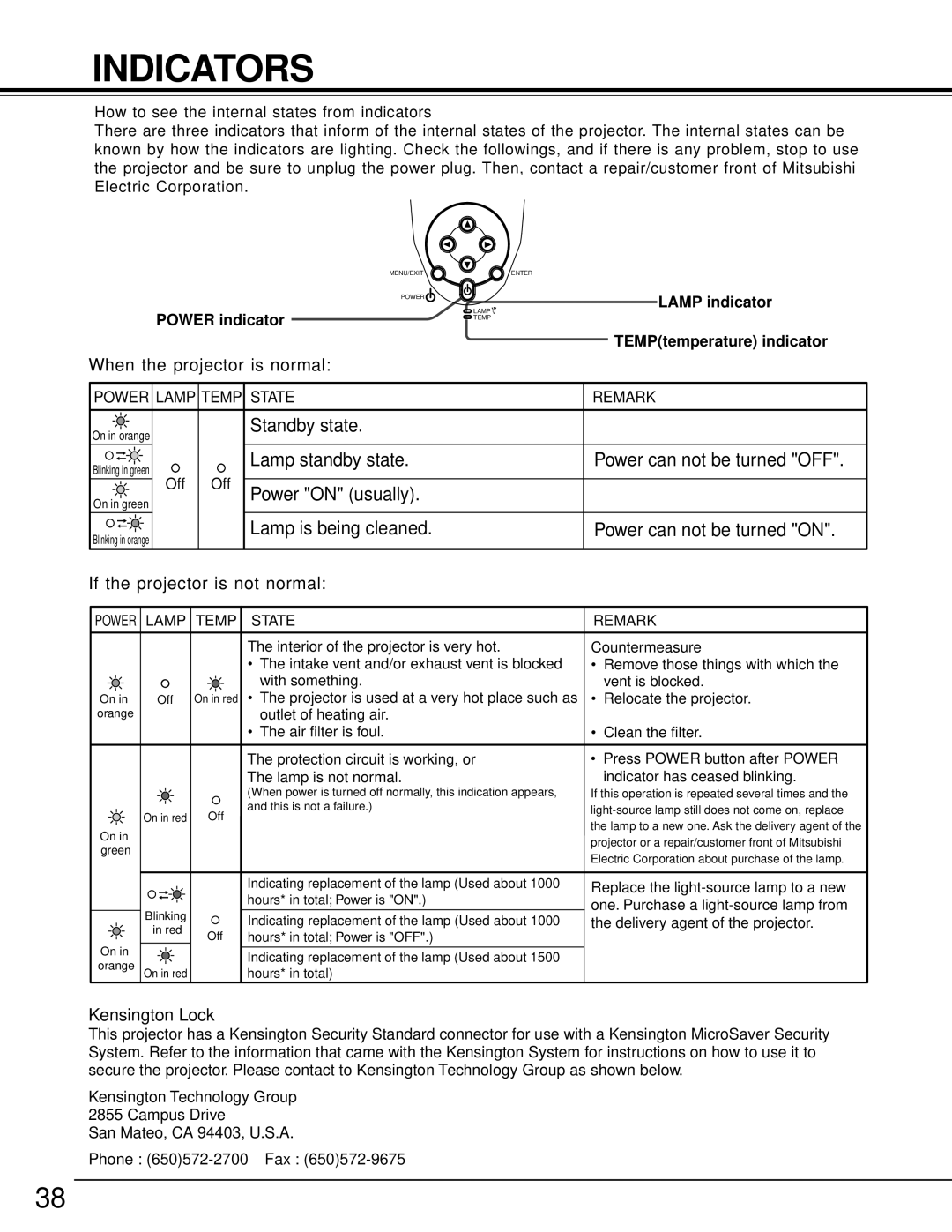 Toshiba TDP-MT500 owner manual Indicators, Power Lamp Temp State, Remark 