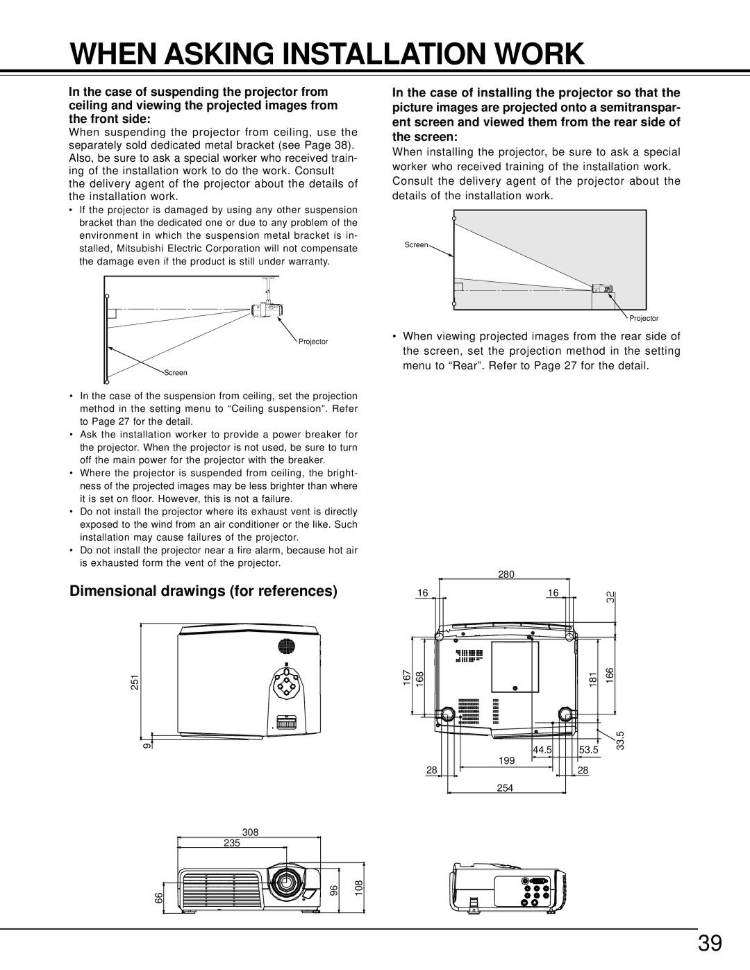 Toshiba TDP-MT500 owner manual When Asking Installation Work, Dimensional drawings for references 