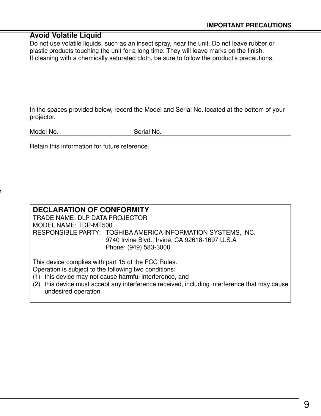 Toshiba TDP-MT500 owner manual Avoid Volatile Liquid, Declaration of Conformity 