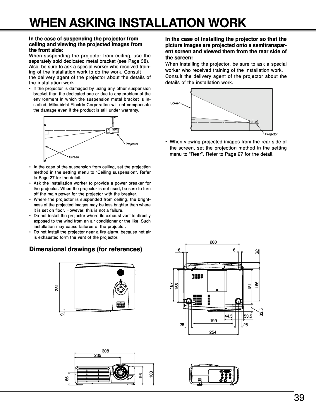 Toshiba TDP-MT500 owner manual When Asking Installation Work, Dimensional drawings for references 