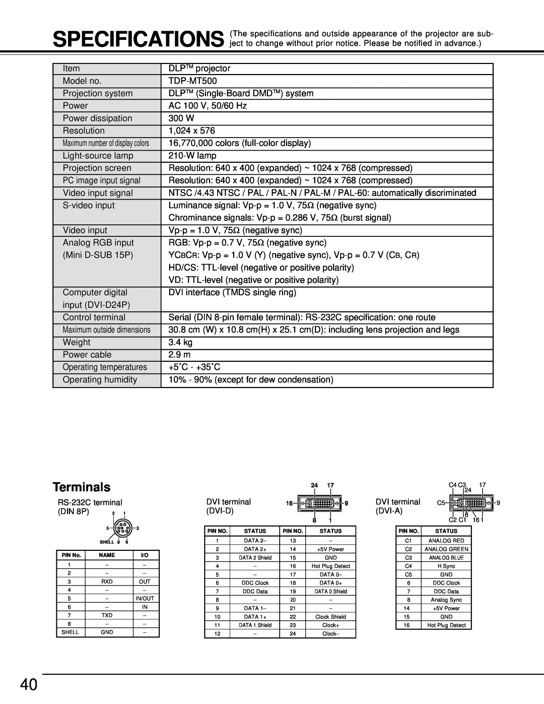 Toshiba TDP-MT500 owner manual Terminals, Maximum outside dimensions 