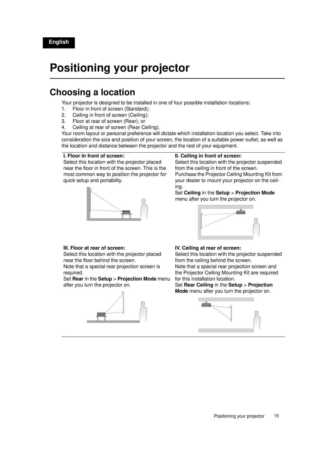 Toshiba TDP-MT700 Positioning your projector, Choosing a location, Floor in front of screen, III. Floor at rear of screen 