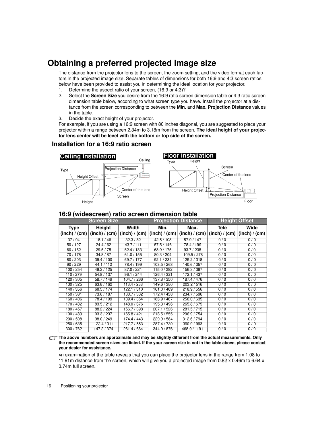 Toshiba TDP-MT700 owner manual Obtaining a preferred projected image size, Installation for a 169 ratio screen 