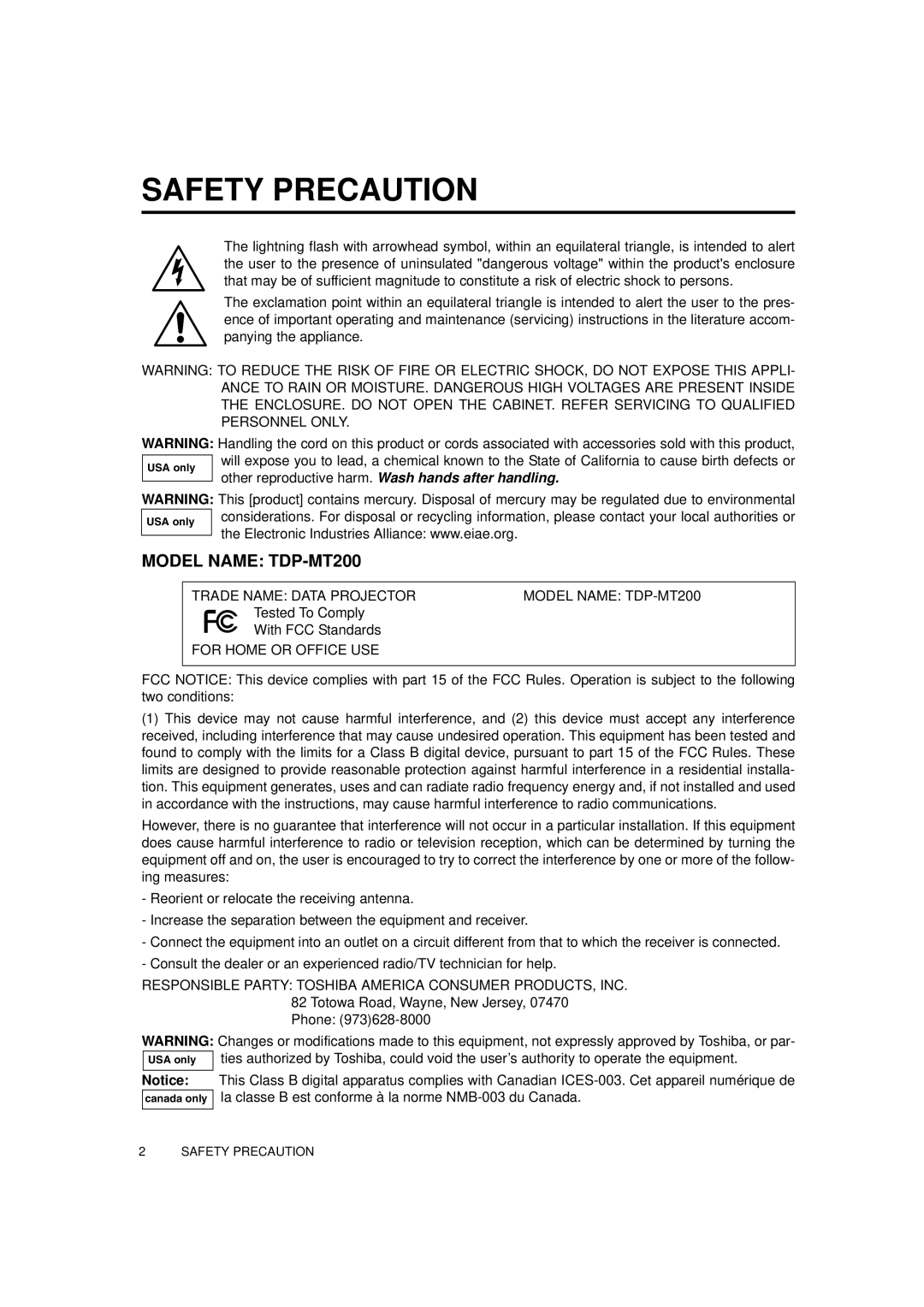 Toshiba TDP-MT700 owner manual Safety Precaution, Model Name TDP-MT200 