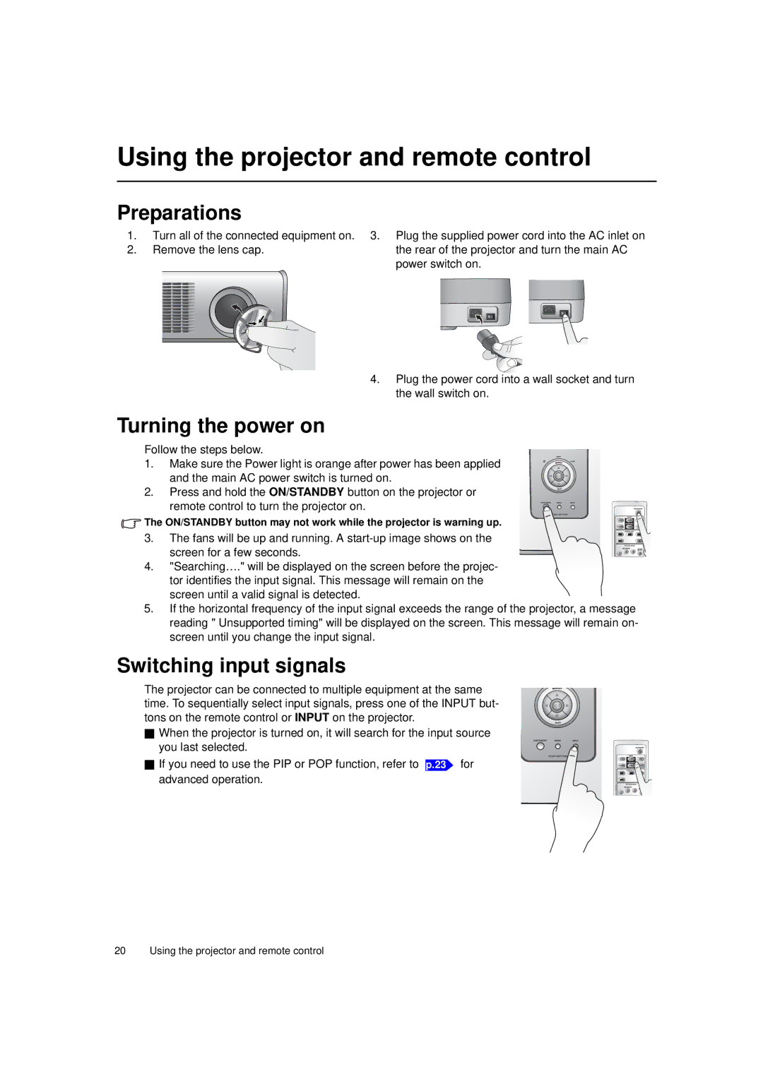 Toshiba TDP-MT700 Using the projector and remote control, Preparations, Turning the power on, Switching input signals 