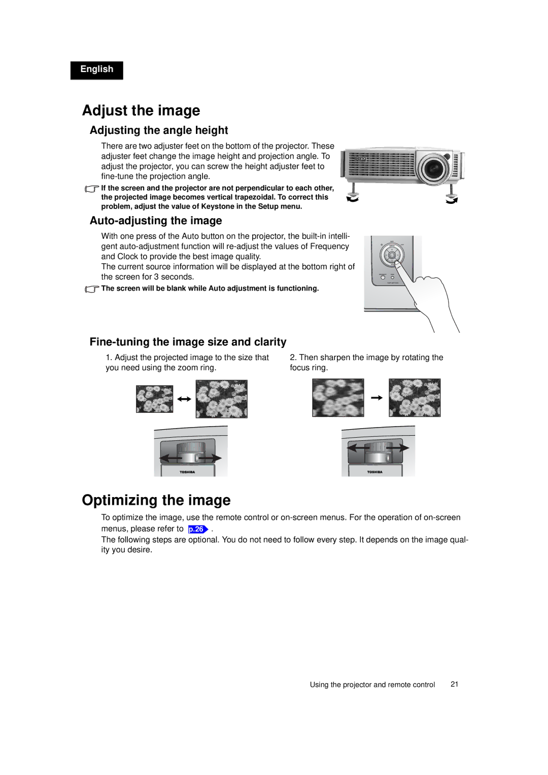 Toshiba TDP-MT700 owner manual Adjust the image, Optimizing the image, Adjusting the angle height, Auto-adjusting the image 