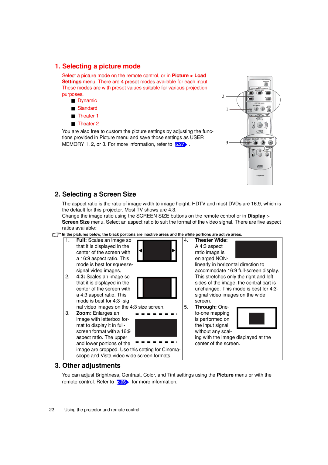 Toshiba TDP-MT700 Selecting a Screen Size, Other adjustments, Theater Wide a 43 aspect ratio image is enlarged NON 