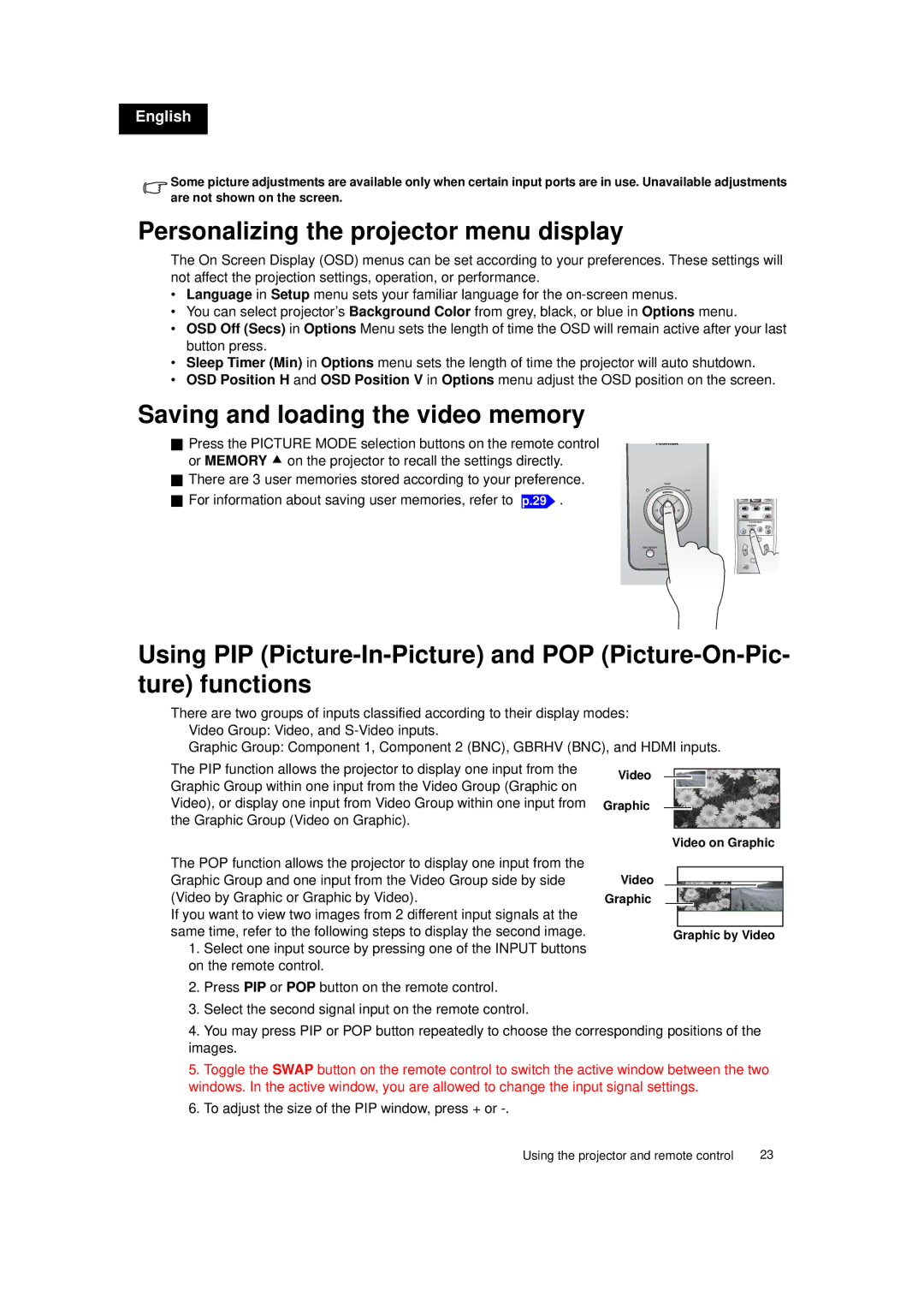 Toshiba TDP-MT700 owner manual Personalizing the projector menu display, Saving and loading the video memory 