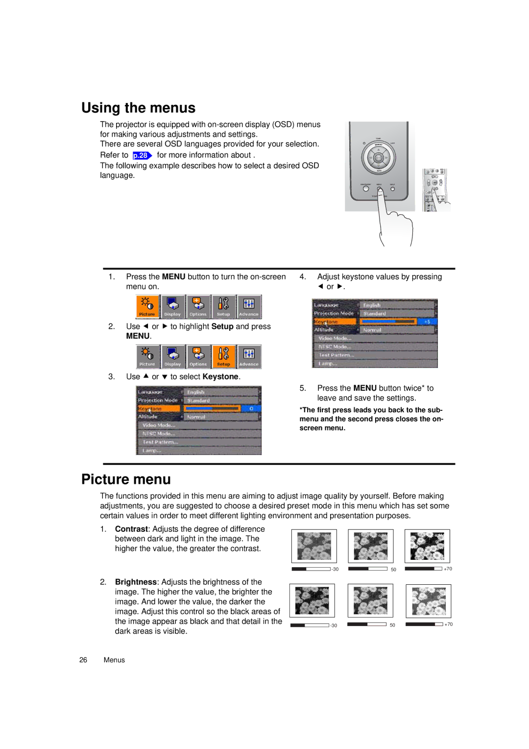 Toshiba TDP-MT700 owner manual Using the menus, Picture menu 