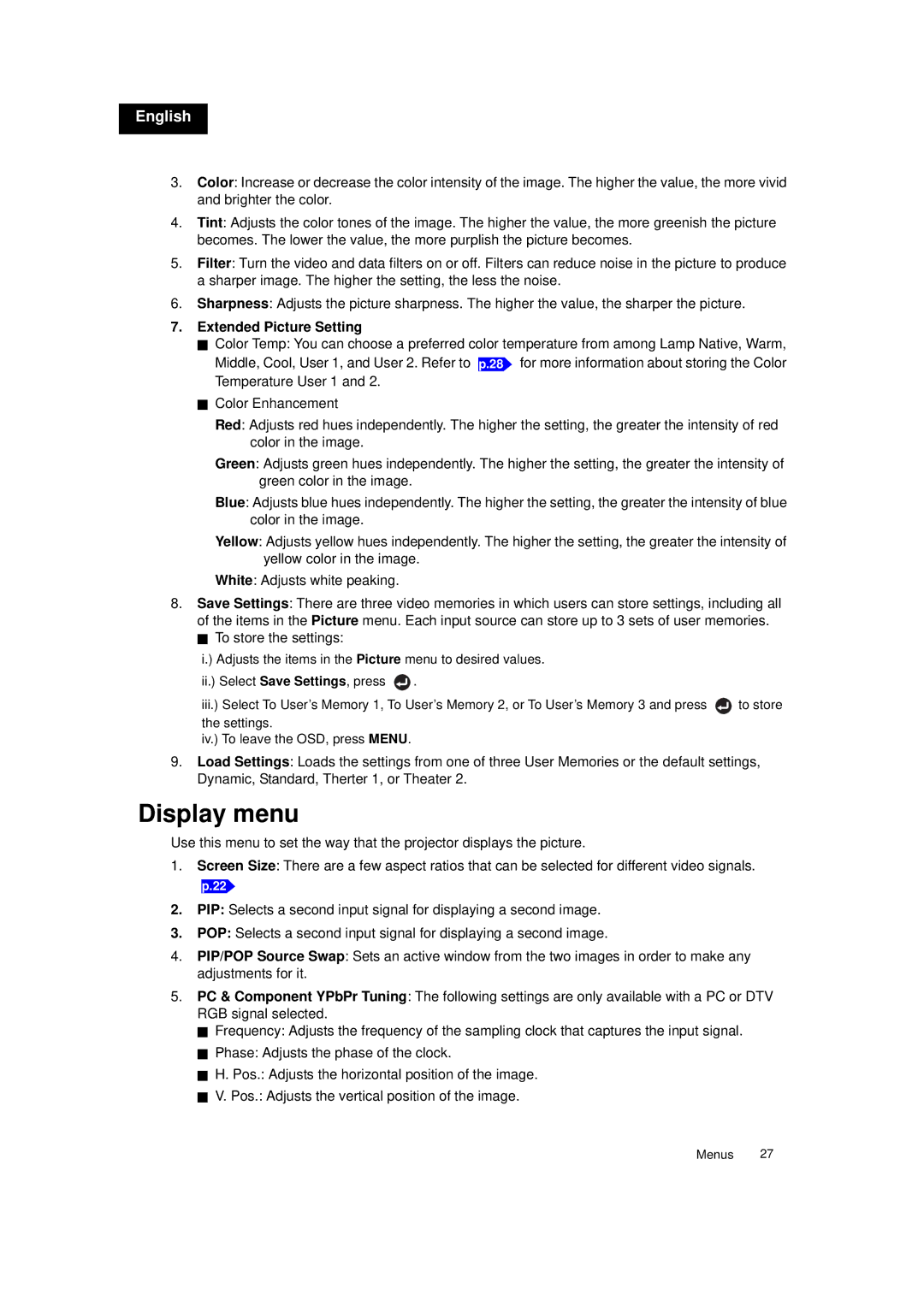 Toshiba TDP-MT700 owner manual Display menu, Extended Picture Setting 