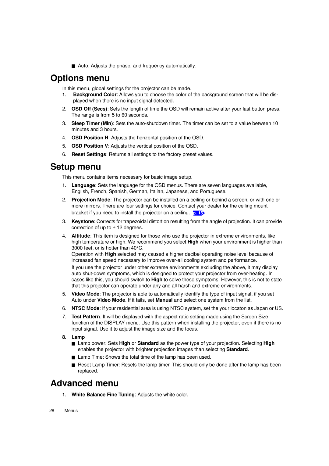 Toshiba TDP-MT700 owner manual Options menu, Setup menu, Advanced menu, Lamp 