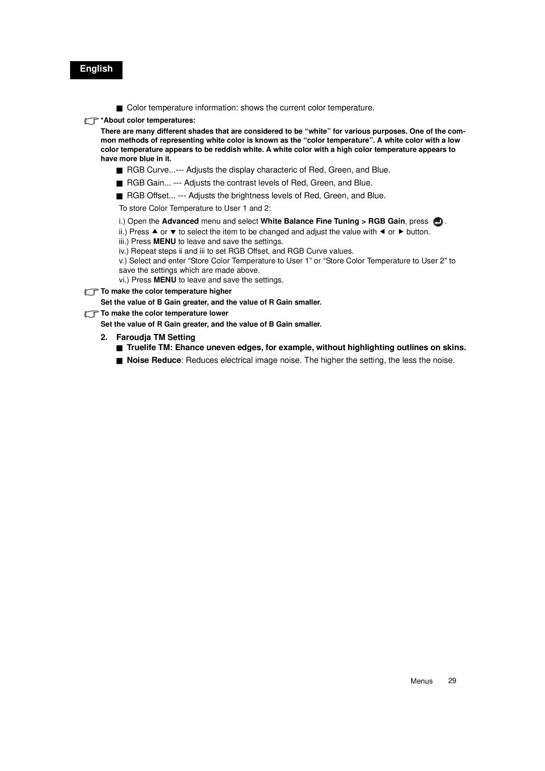 Toshiba TDP-MT700 owner manual To store Color Temperature to User 1 