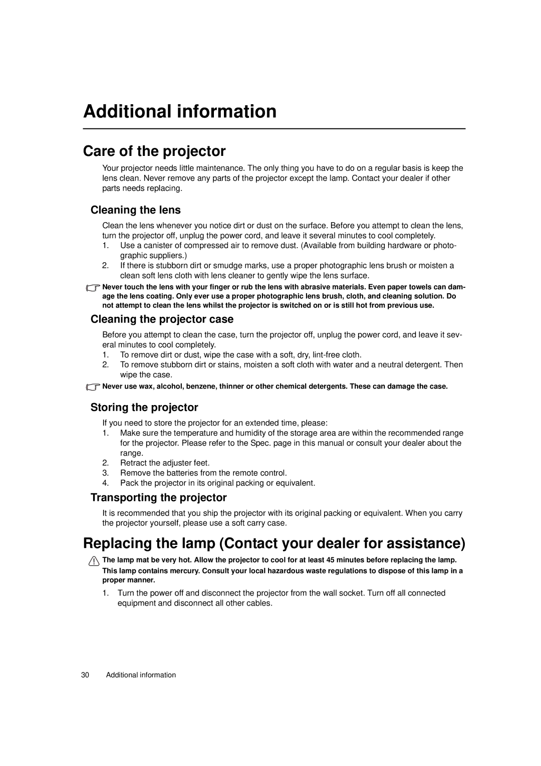 Toshiba TDP-MT700 Additional information, Care of the projector, Replacing the lamp Contact your dealer for assistance 