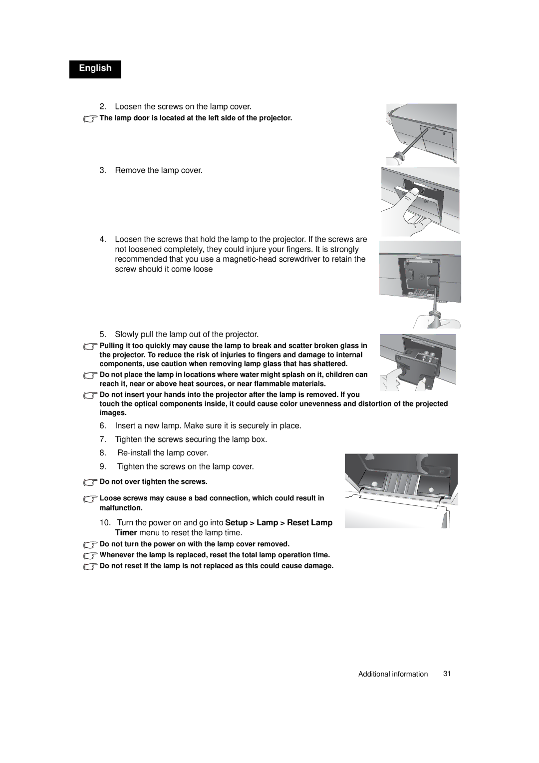 Toshiba TDP-MT700 owner manual Loosen the screws on the lamp cover 