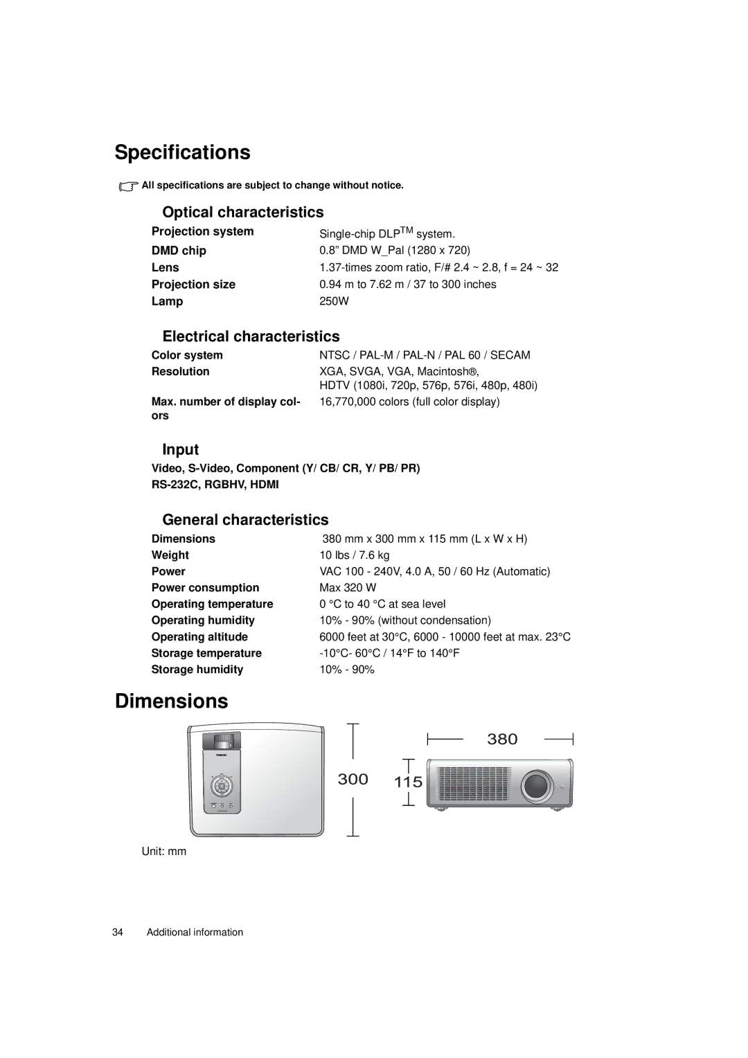 Toshiba TDP-MT700 owner manual Specifications, Dimensions 