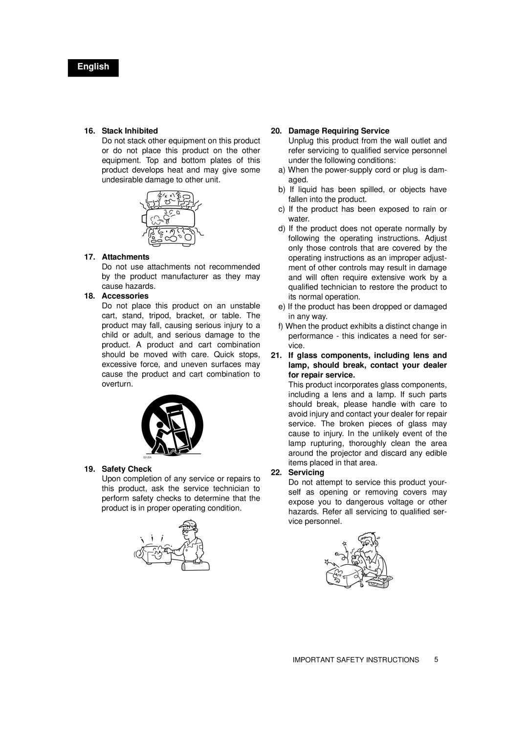 Toshiba TDP-MT700 owner manual Stack Inhibited, Attachments, Accessories, Safety Check, Damage Requiring Service, Servicing 