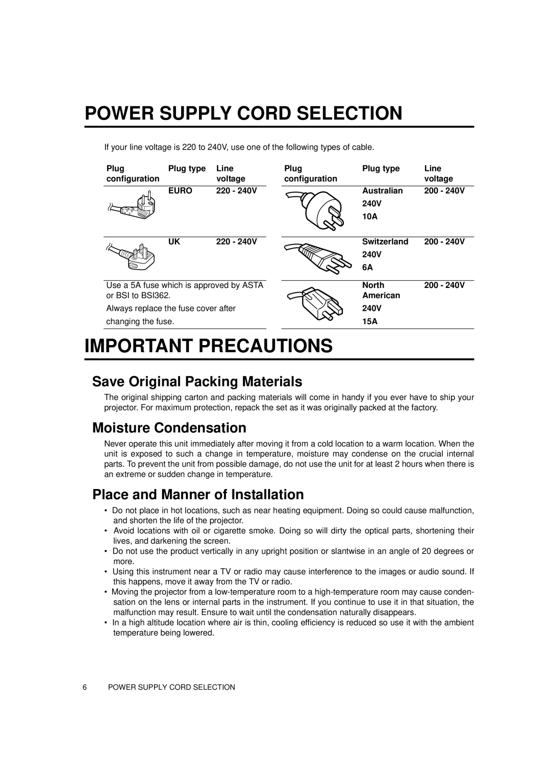 Toshiba TDP-MT700 owner manual Power Supply Cord Selection, Important Precautions 