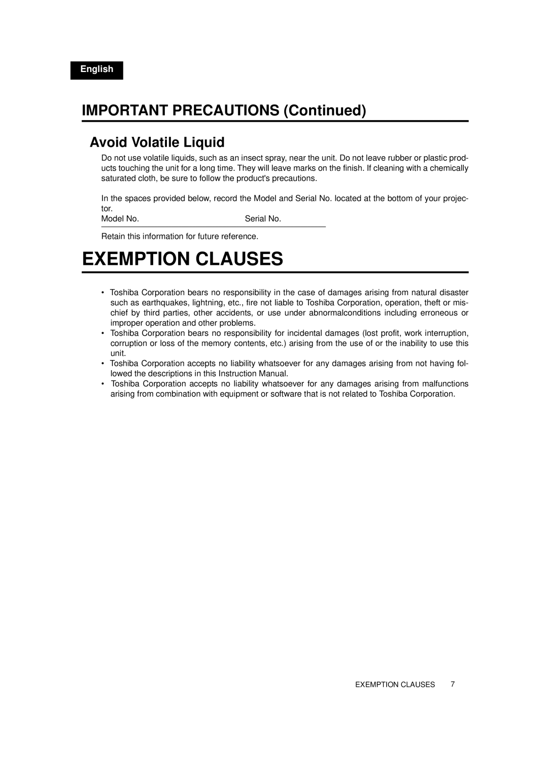 Toshiba TDP-MT700 owner manual Exemption Clauses, Important Precautions 