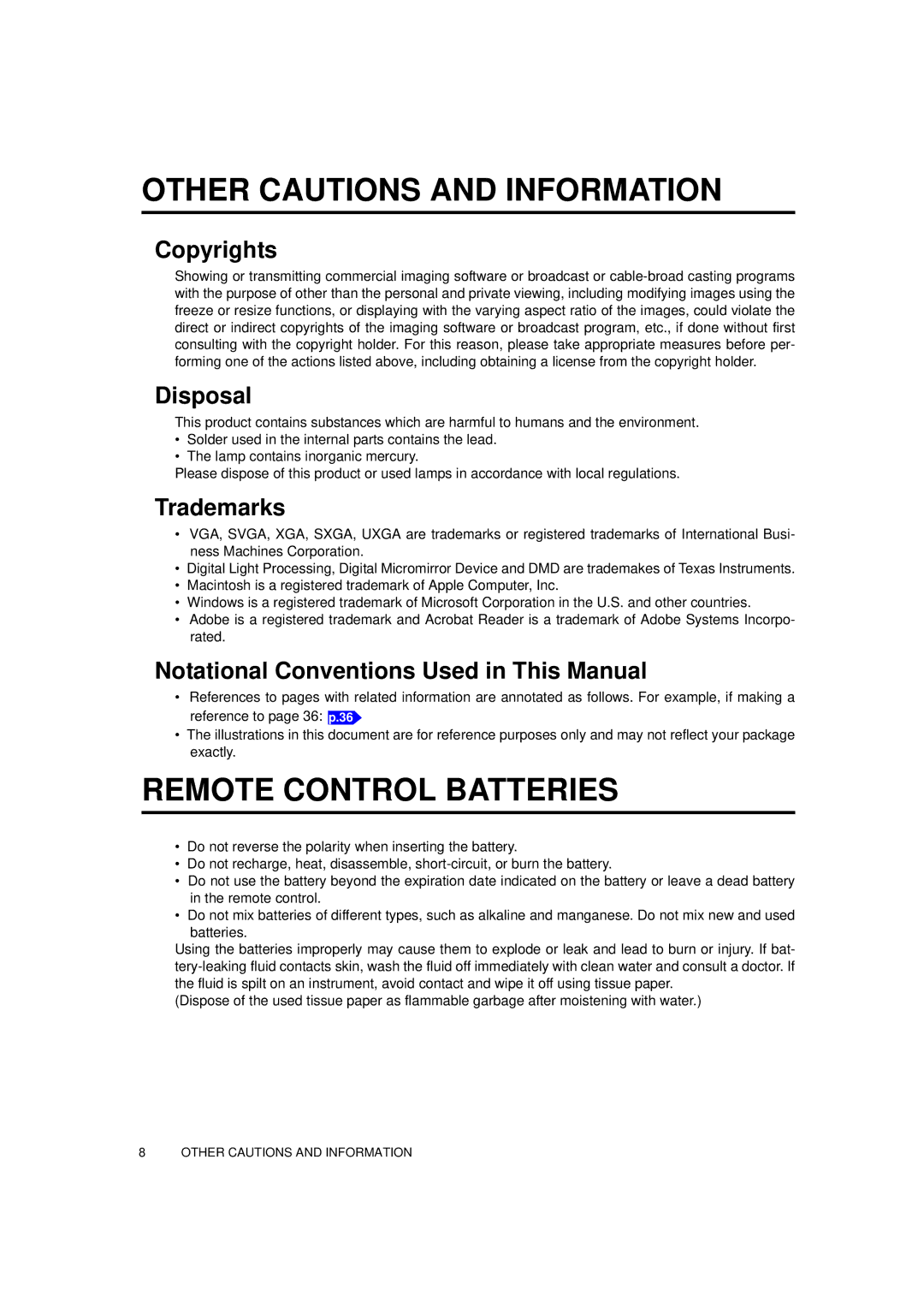 Toshiba TDP-MT700 owner manual Other Cautions and Information, Remote Control Batteries 