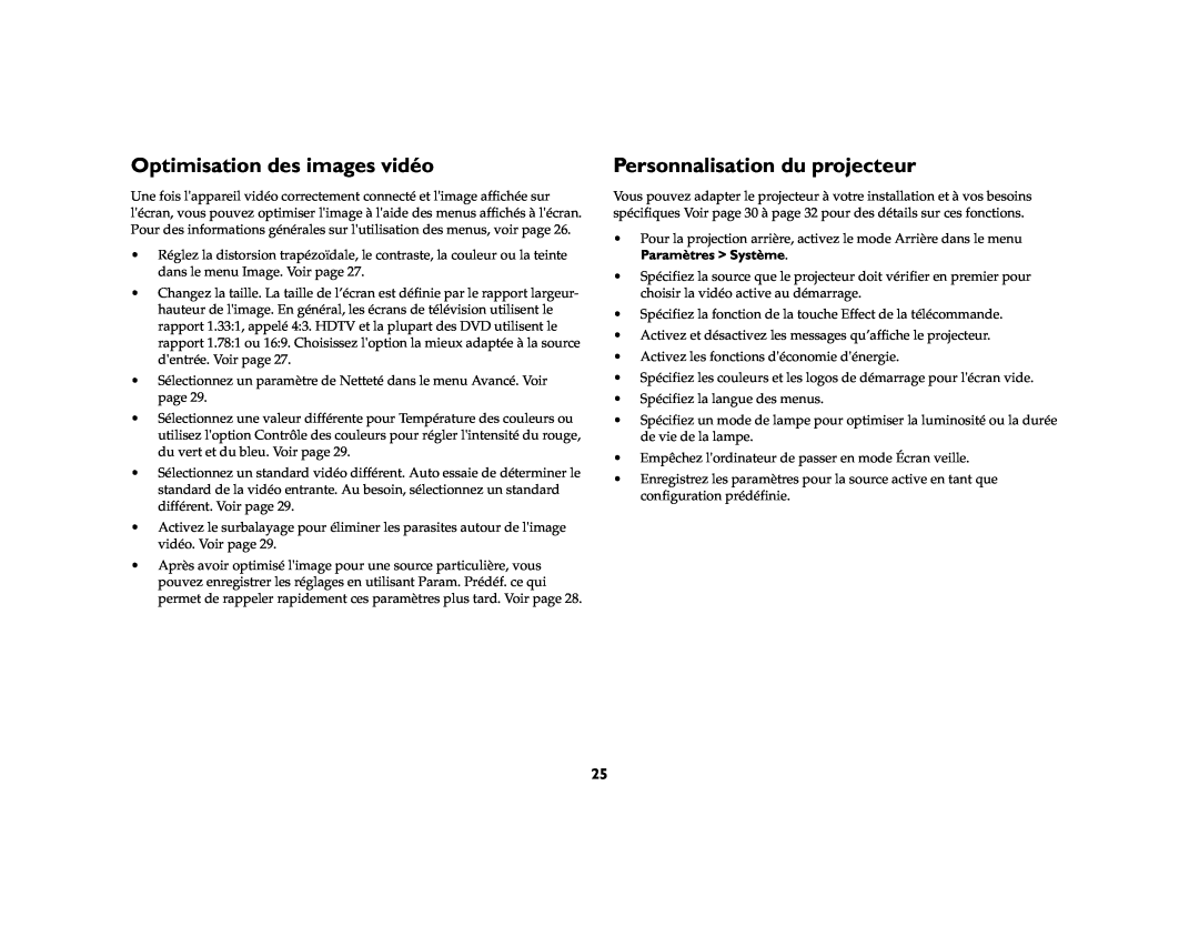 Toshiba TDP-P6 manual Optimisation des images vidéo, Personnalisation du projecteur, Paramètres Système 