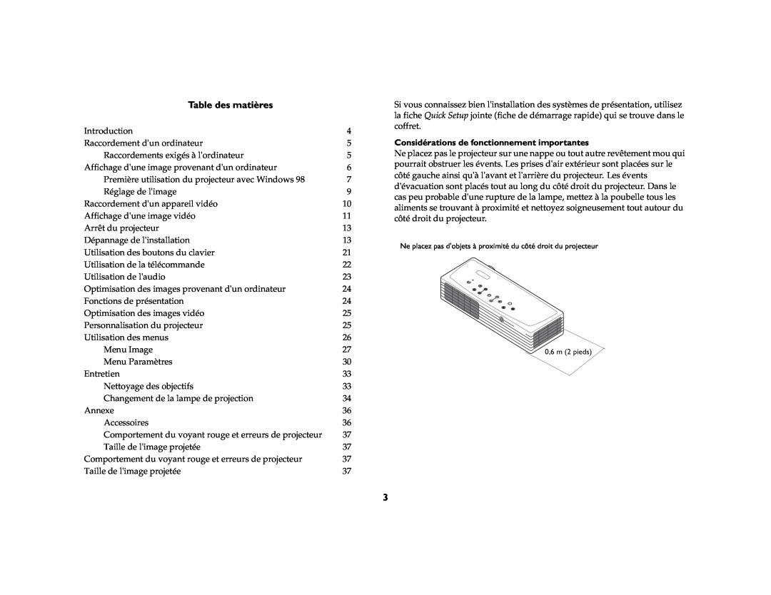 Toshiba TDP-P6 manual Table des matières, Considérations de fonctionnement importantes 