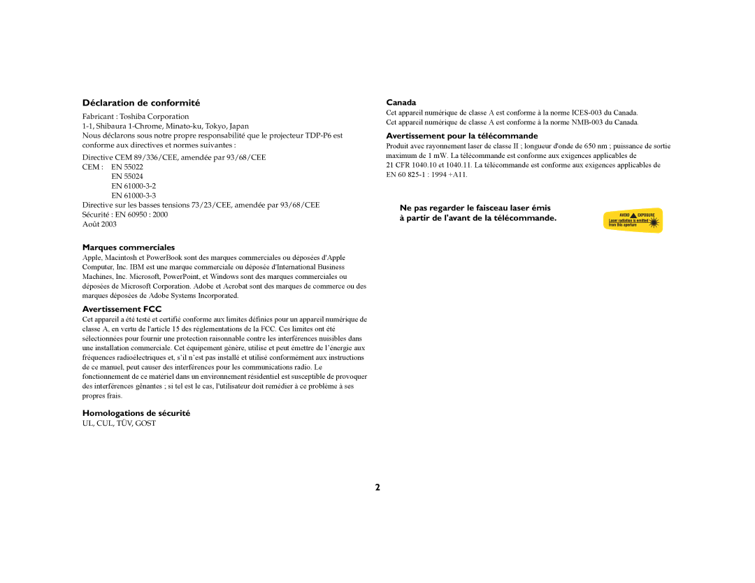 Toshiba TDP-P6 manual Déclaration de conformité 