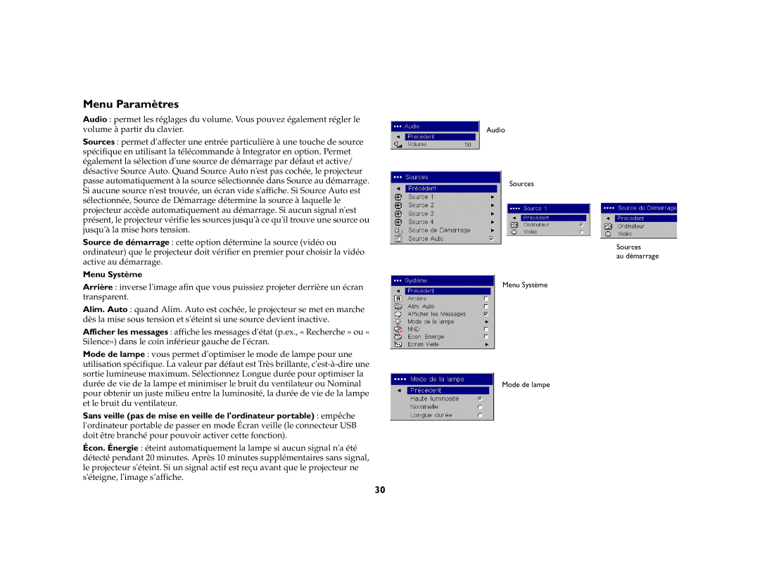 Toshiba TDP-P6 manual Menu Paramètres, Menu Système 